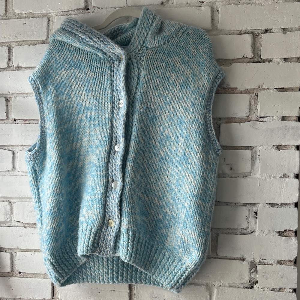 Handmade Light Blue Marled Button-Front Women’s Sweater Vest with hood